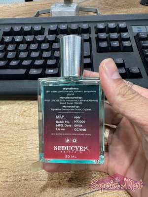 Seducye Triplex extrait de parfum 50ml bottle with detailed ingredient list and packaging information