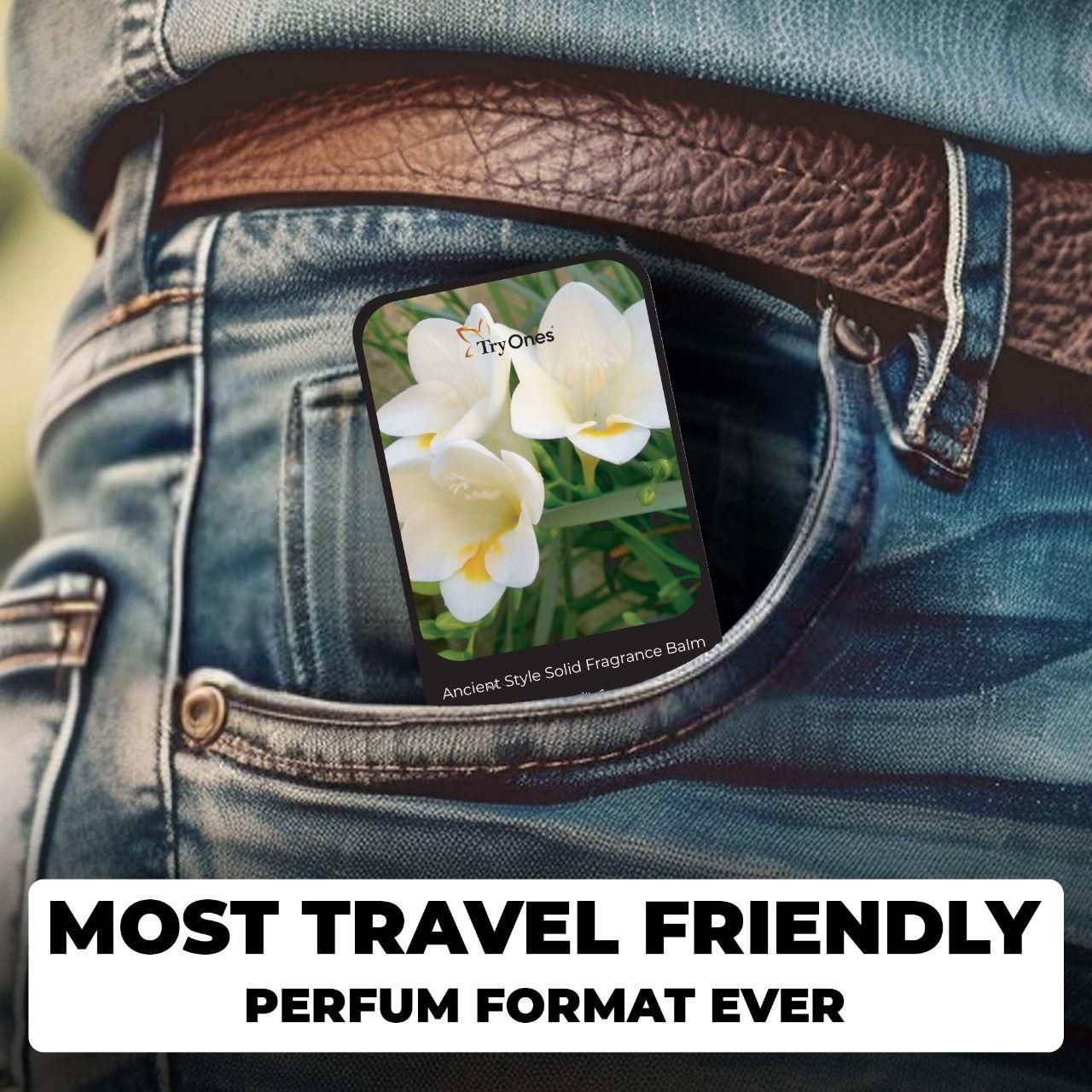 Ancient style solid perfume in small floral-themed tin placed in blue jeans pocket by Superior eMart