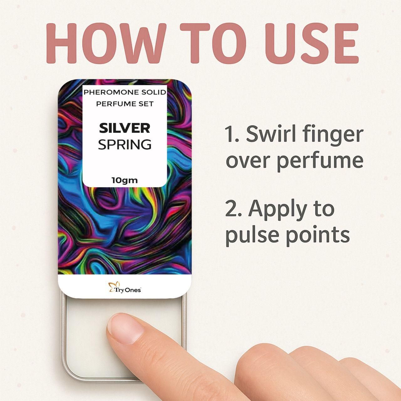 Solid fragrance pack of 2 Silver Spring pheromone solid perfumes with colorful swirl design and usage instructions