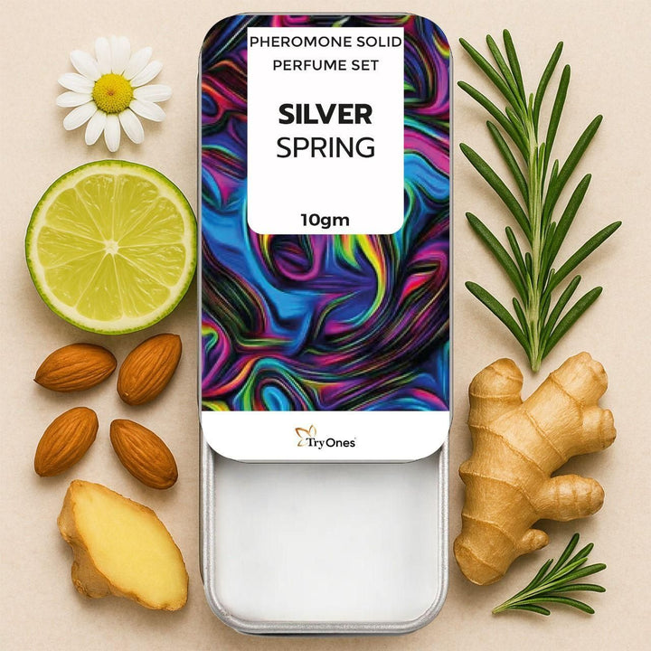 Silver Spring pheromone solid fragrance pack of 2 with lime, ginger, almonds, rosemary, and chamomile