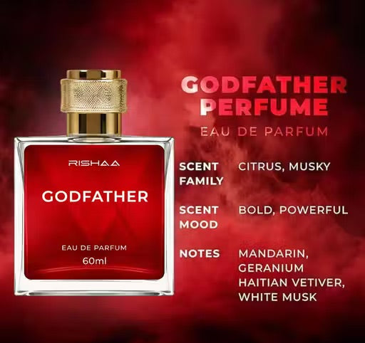 Red perfume bottle labeled 'Godfather' with product details on a red background