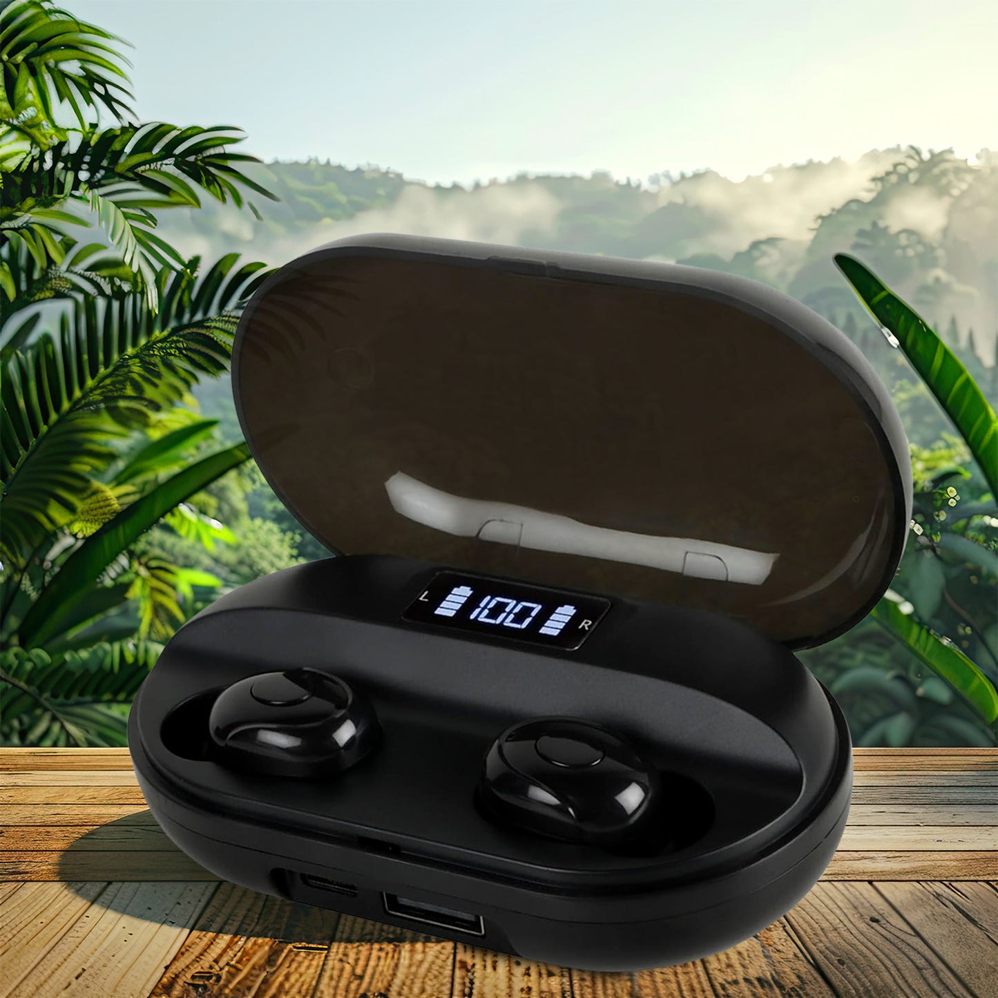 Superior eMart TWS earbuds with mic in charging case featuring digital display for battery level