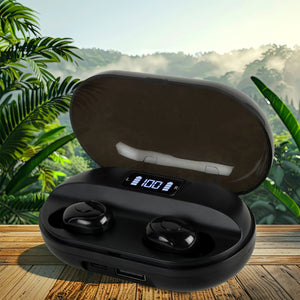 Superior eMart TWS earbuds with mic in charging case featuring digital display for battery level