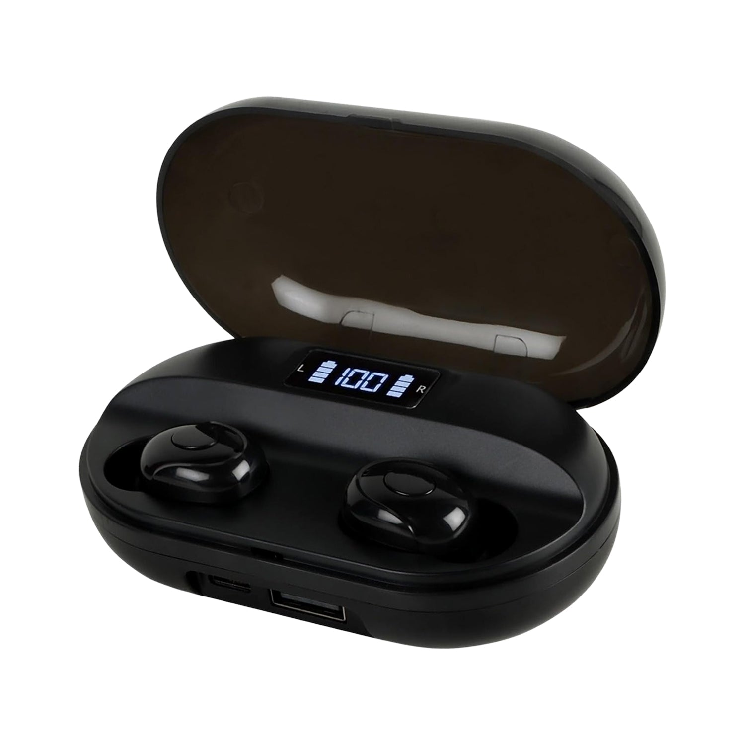 Superior eMart TWS earbuds with mic in charging case featuring LED battery display