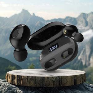 Superior eMart TWS earbuds with mic in sleek black design with charging case on a wooden surface