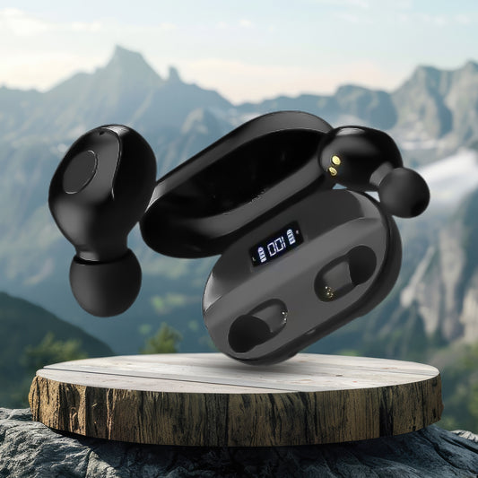 Superior eMart TWS earbuds with mic in sleek black design with charging case on a wooden surface