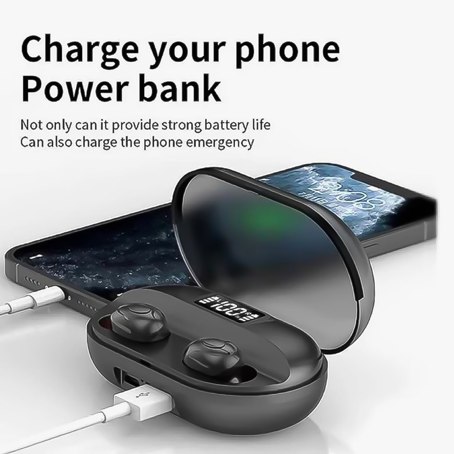Superior eMart TWS earbuds with mic charging a phone, showcasing portable battery life features