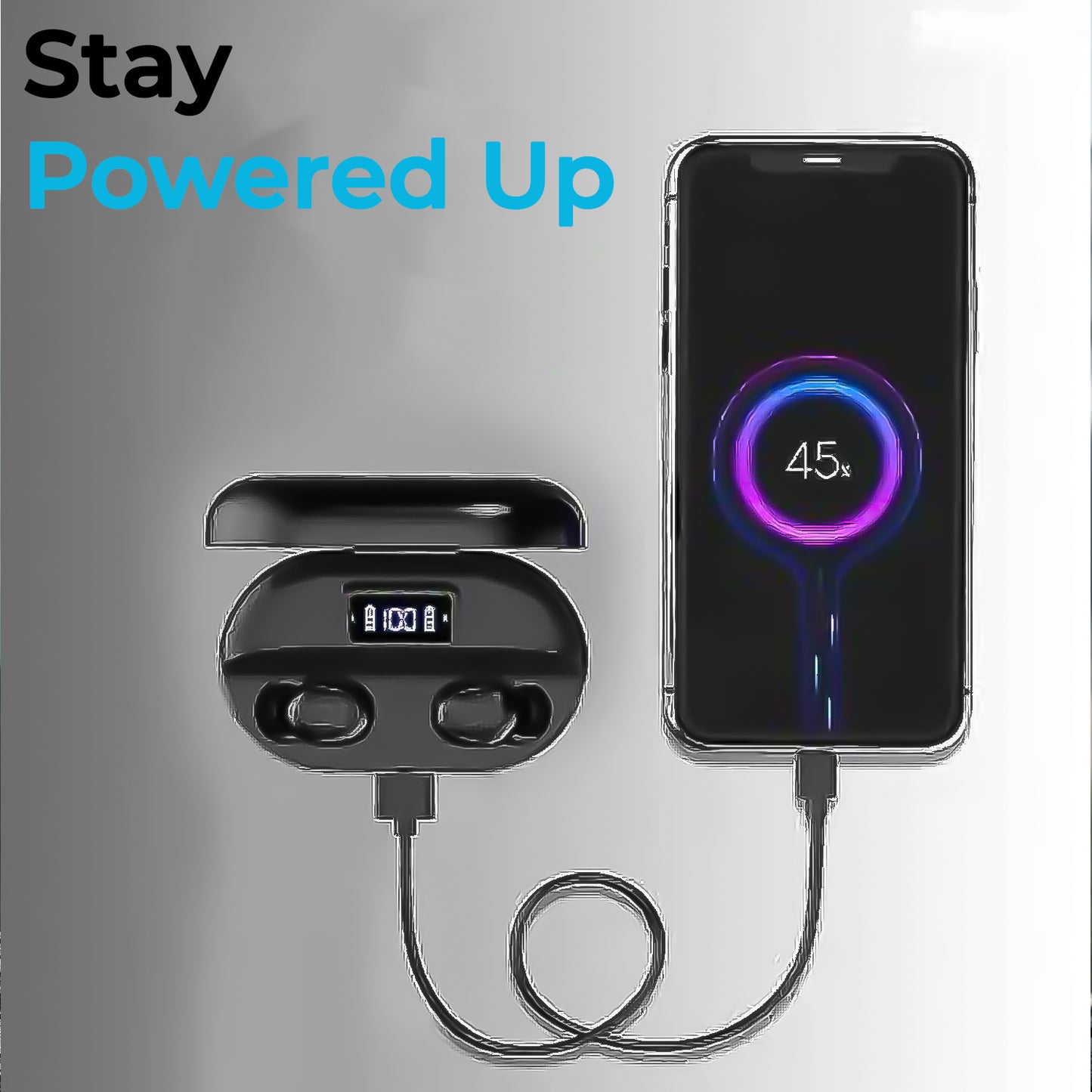 TWS earbuds with mic charging next to a smartphone displaying battery level