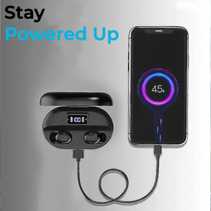 TWS earbuds with mic charging next to a smartphone displaying battery level