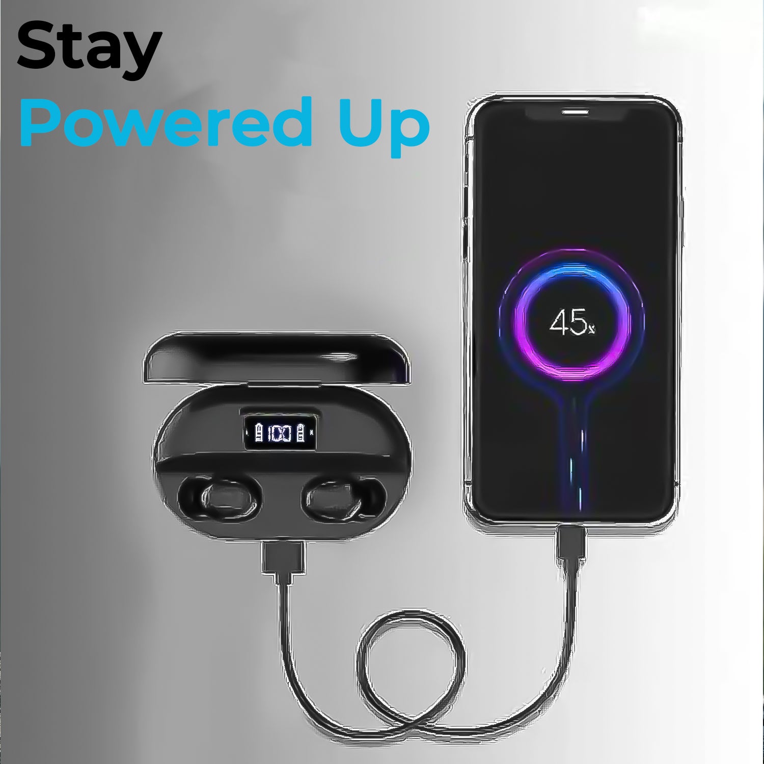 TWS earbuds with mic charging next to a smartphone displaying battery level