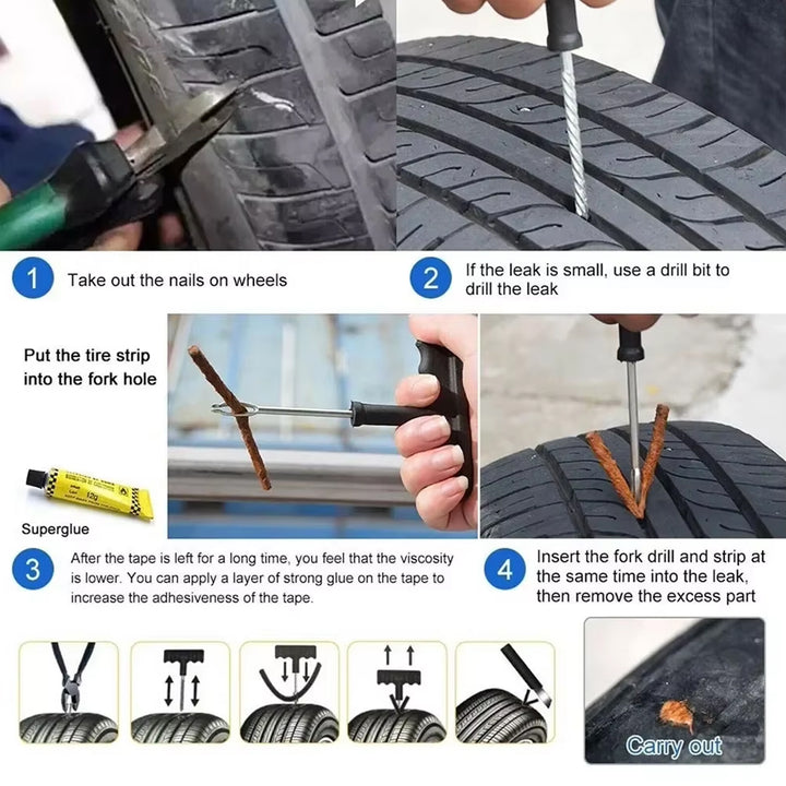 Step-by-step guide for using a tyre puncture repair kit on a damaged tire