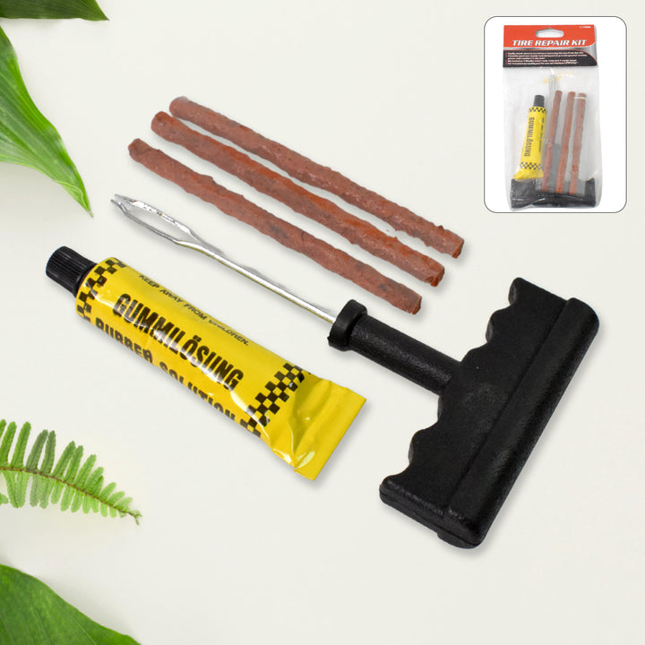 Complete tyre puncture repair kit with tools and sealing solutions for quick vehicle repairs