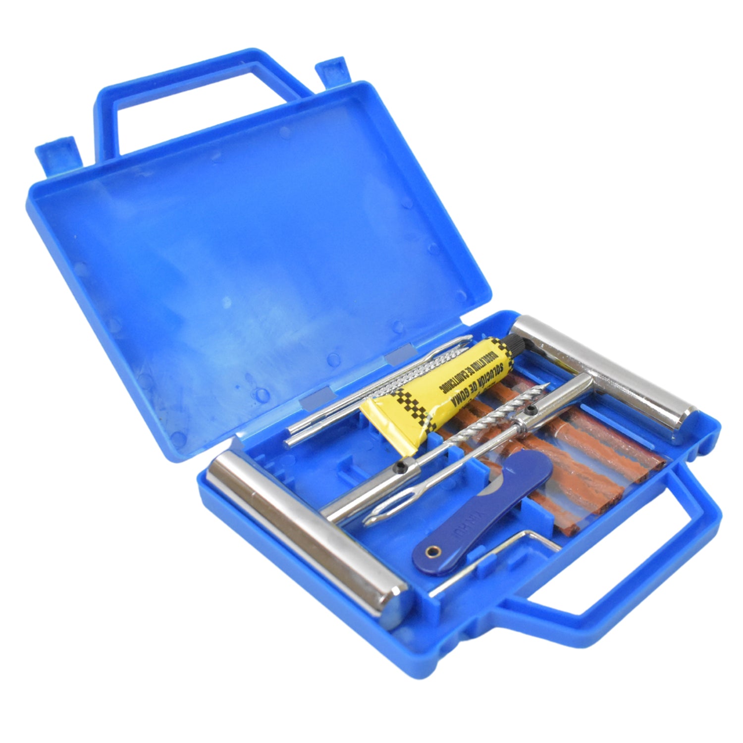 Blue tyre repairing tool set in a carrying case with various tools for quick tire repairs