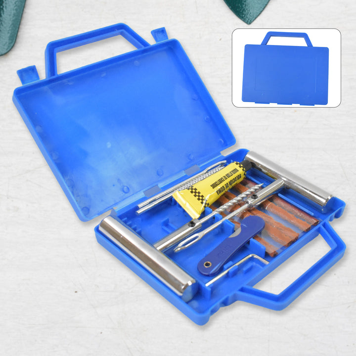 Blue tyre repairing tool set in a portable case for quick and easy tire repairs