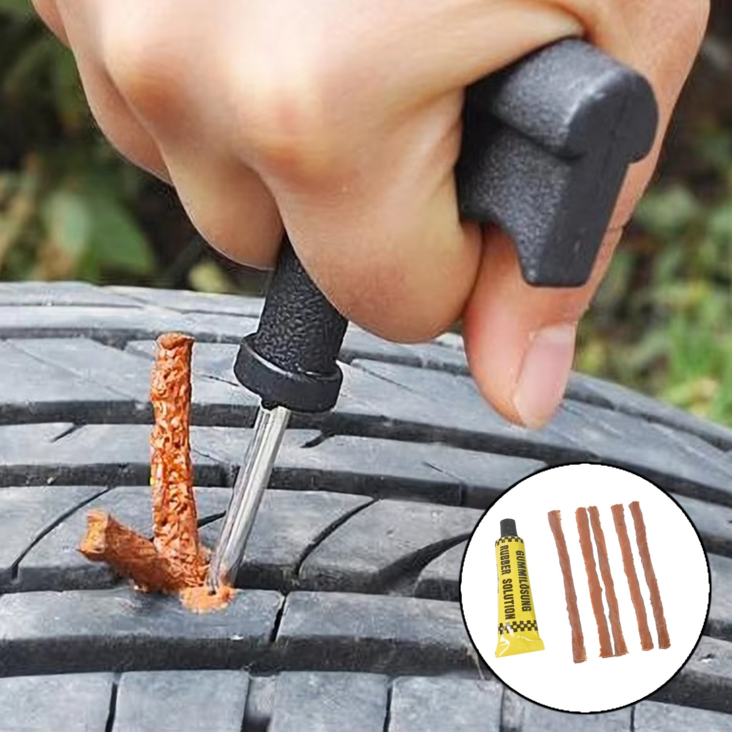 Tyre repairing tool set for easy tire puncture repair with sealing strips and applicator