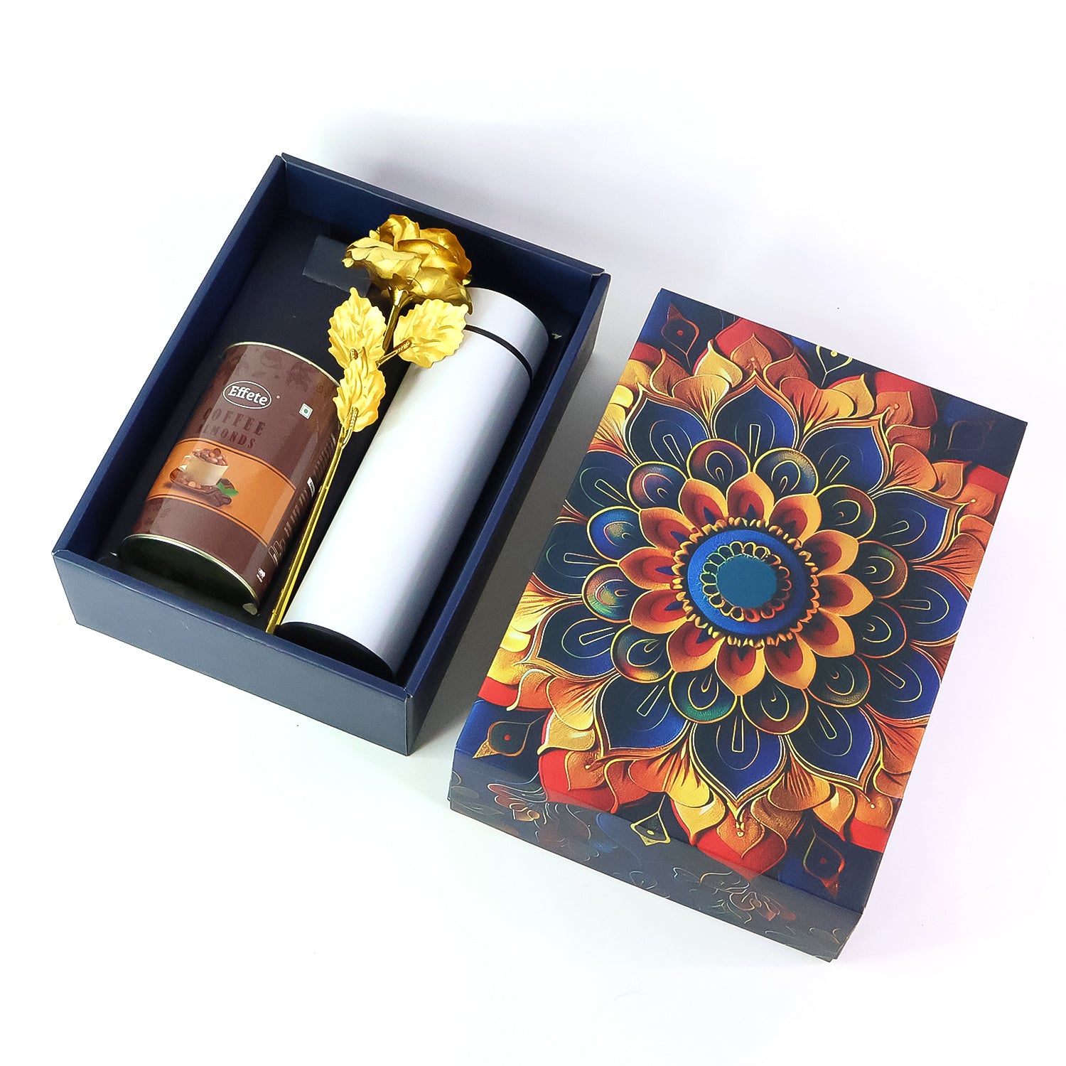 Stainless Steel Bottle, Golden Rose & [Coffee] Almonds Chocolate - Festive Gift Hamper Box