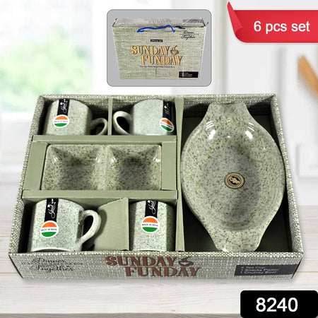 Sunday Funday Ceramic Tea / cups / Mug With Snacks Platter (6 Pcs set)