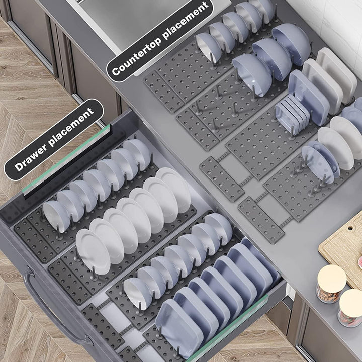 Adjustable pegboard dish rack placed in kitchen drawer and on countertop holding plates and bowls
