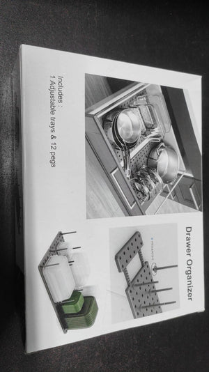Adjustable pegboard dish rack drawer organizer with 14 trays and 12 pegs for kitchen storage