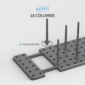 Adjustable pegboard dish rack showing 18 columns with removable pegs and rotating feature for customizable storage