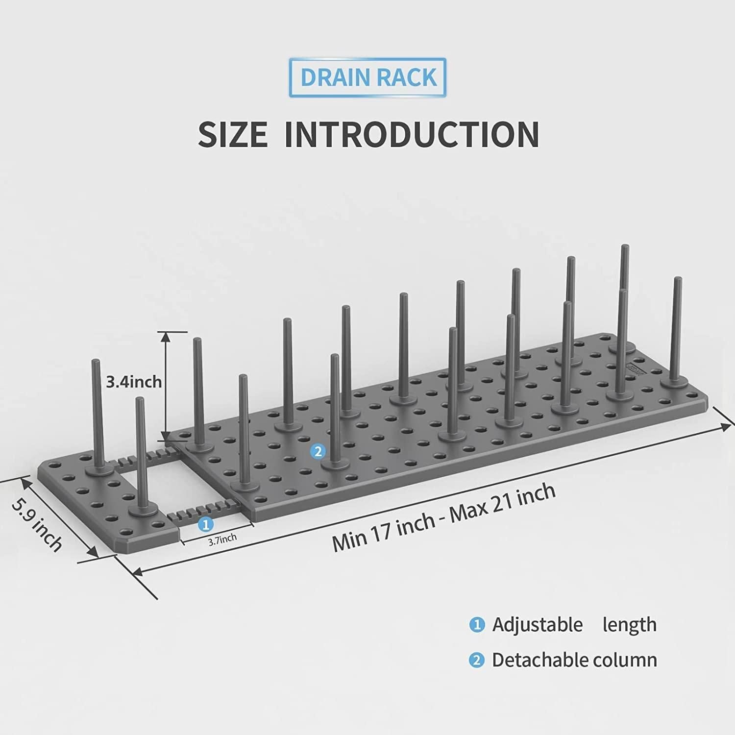 Adjustable pegboard dish rack with detachable columns and extendable length from 17 to 21 inches