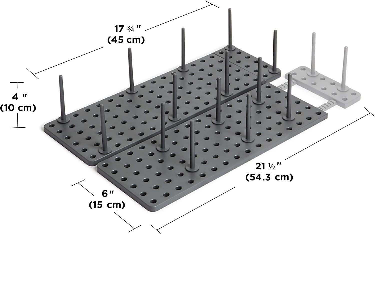 Adjustable pegboard dish rack with dimensions and removable pegs for customizable dish organization