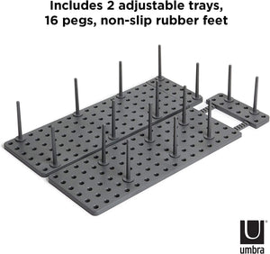 Adjustable pegboard dish rack with 2 trays 16 pegs and non-slip rubber feet in black