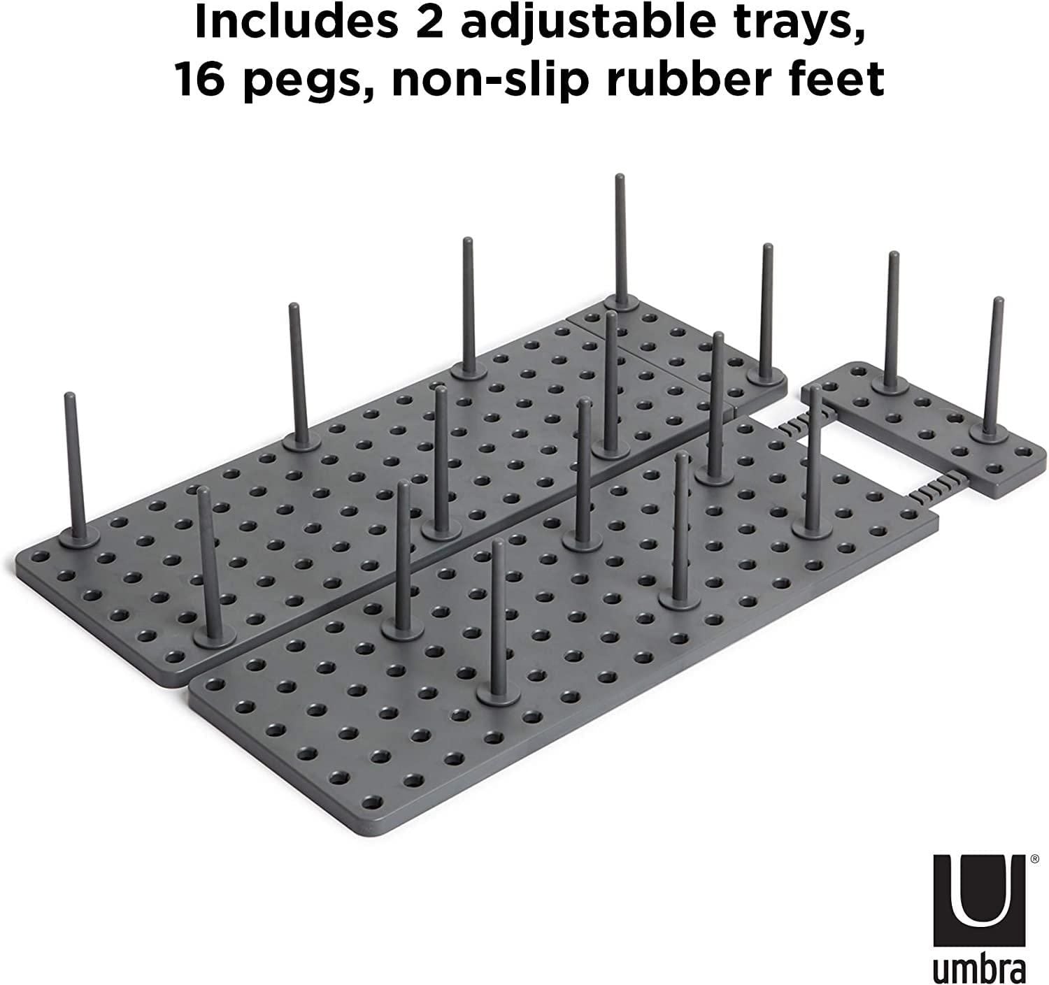 Adjustable pegboard dish rack with 2 trays 16 pegs and non-slip rubber feet in black