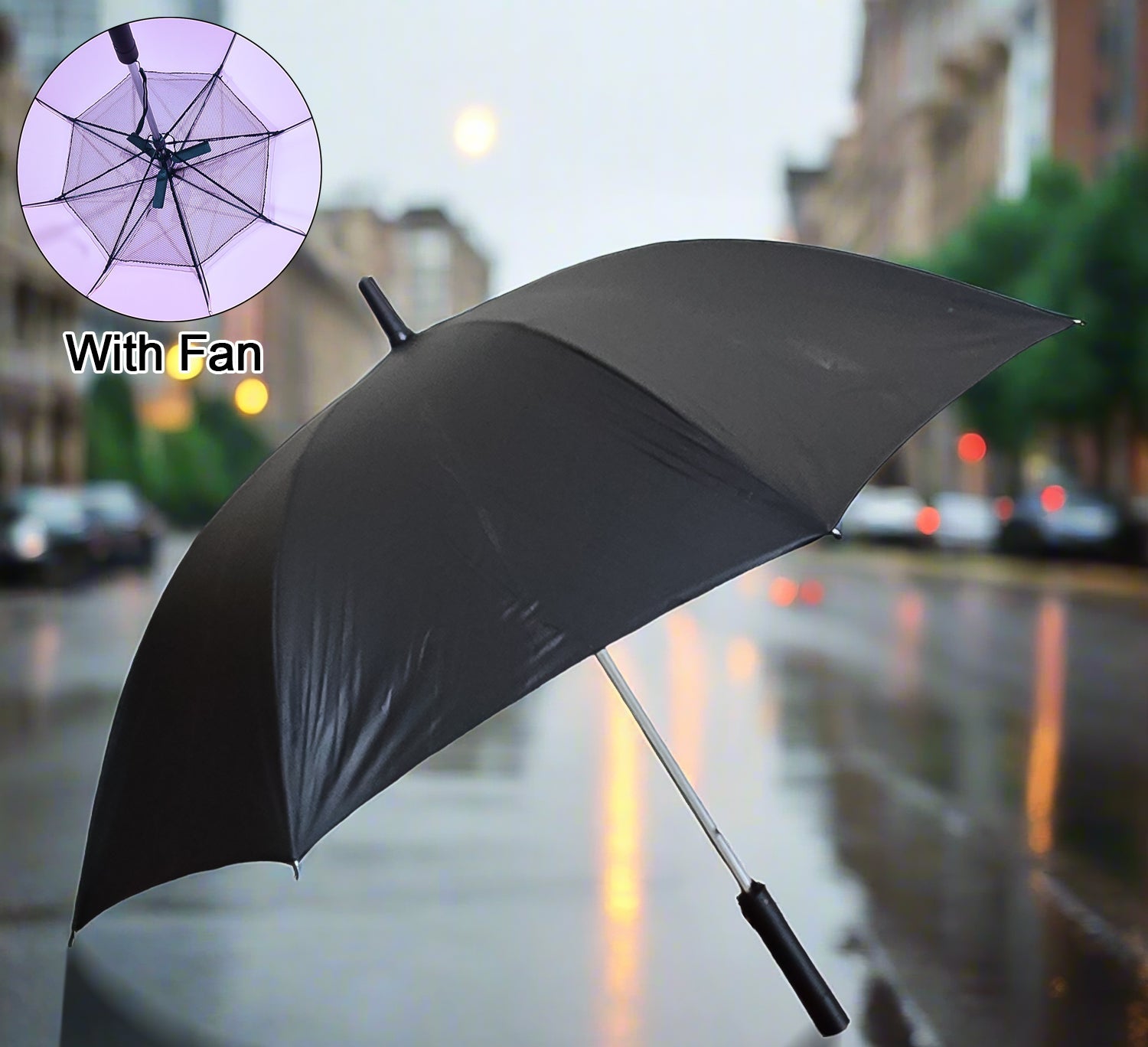 Superior eMart black umbrella with built-in fan for comfort during rainy days