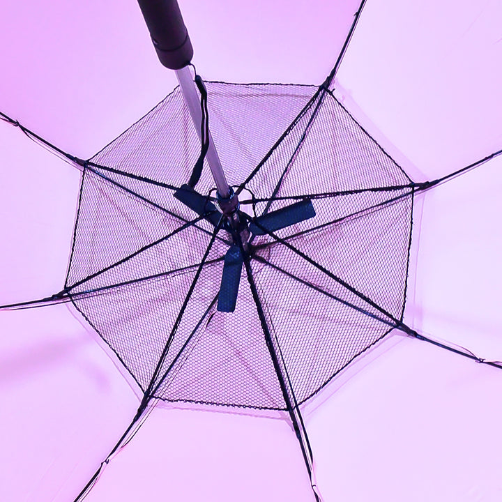 Inside view of an umbrella with built-in fan showing sturdy frame and mesh detailing
