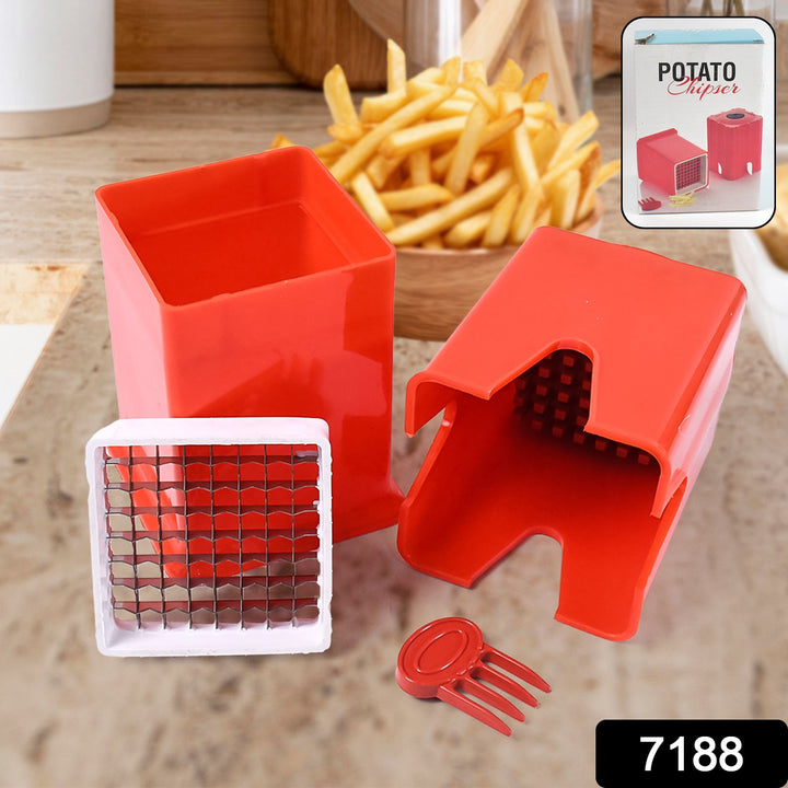 Superior eMart red french fries strip cutter with grid blade and fork on countertop with fries