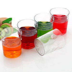 Colorful unbreakable drinking glasses set featuring various vibrant beverages for outdoor use