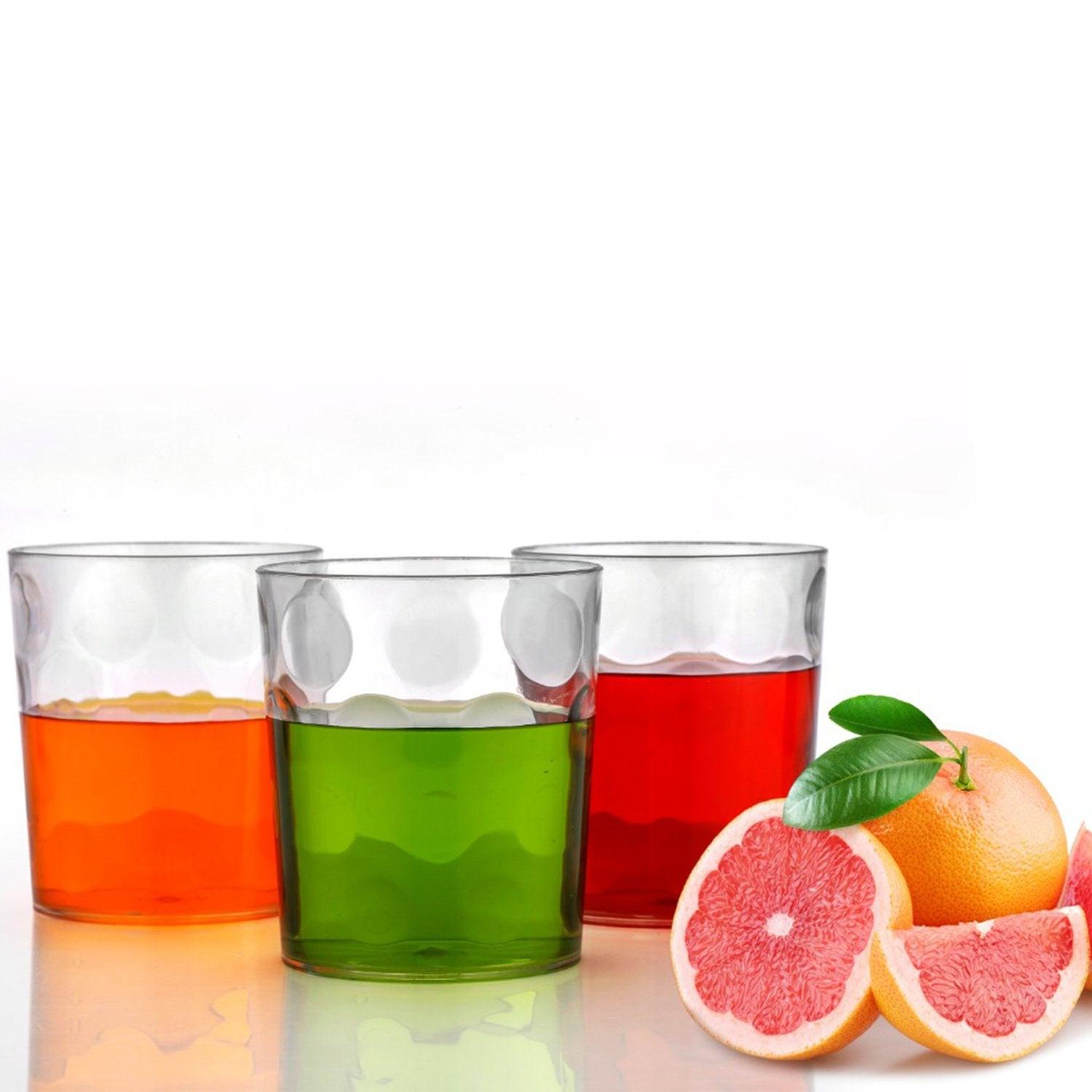 Unbreakable drinking glasses set in three colors with vibrant beverages for easy entertaining