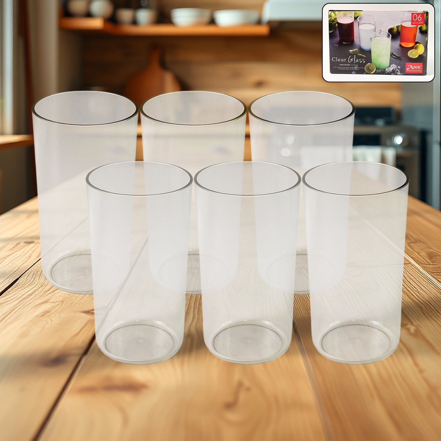 Set of six clear unbreakable glass set for kitchen use, perfect for drinks and gatherings