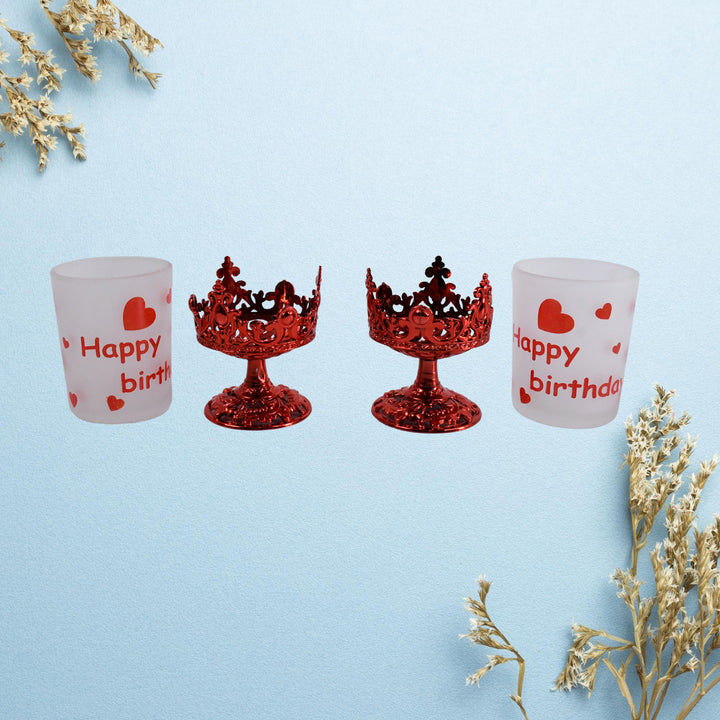 Set of unique candle holder for home decor with red and white Happy Birthday designs