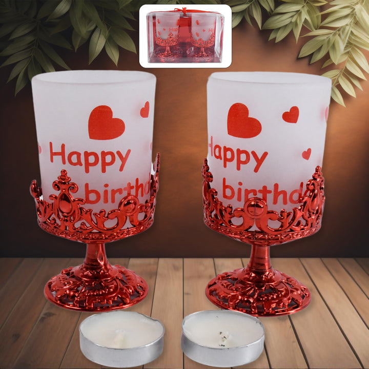 Unique candle holder for home decor featuring a festive design with hearts and 'Happy Birthday' text