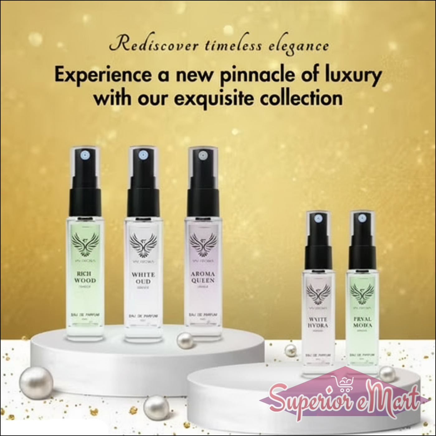 Luxury unisex perfume gift set featuring Rich Wood, White Oud, Aroma Queen, White Hydra, and Petal Mocha