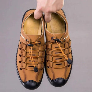 Mens Stylish Casual Shoes tan leather fisherman style sandals with black toe cap stitched sole and toggle lace