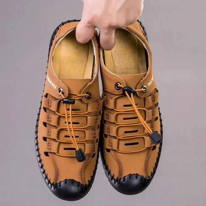 Mens Stylish Casual Shoes tan leather fisherman style sandals with black toe cap stitched sole and toggle lace
