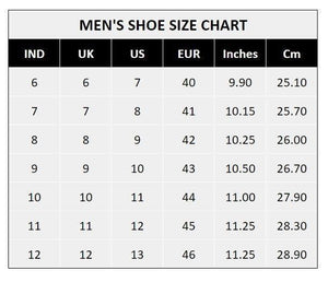Mens Stylish Casual Shoes size chart showing IND UK US EUR conversions and inches cm measurements