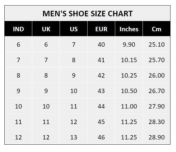 Mens Stylish Casual Shoes size chart showing IND UK US EUR conversions and inches cm measurements