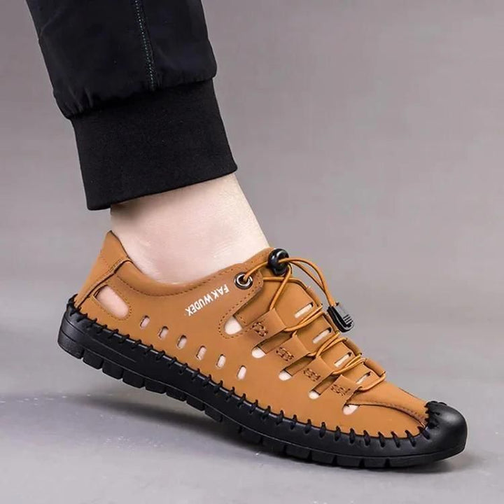 Mens Stylish Casual Shoes tan leather slip on sneaker sandal with black rubber sole breathable perforated design