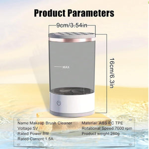 USB rechargeable brush cleaning device with clear container and power button showing product dimensions