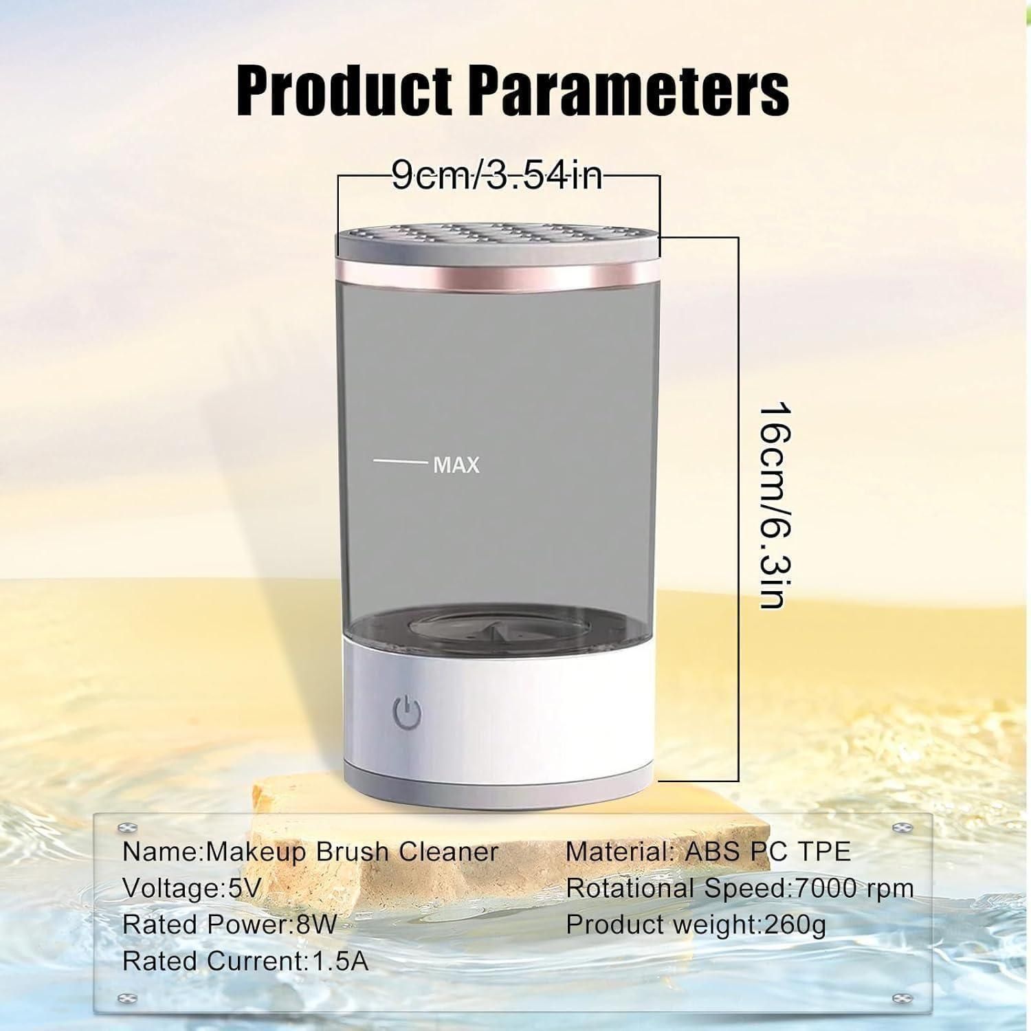 USB rechargeable brush cleaning device with clear container and power button showing product dimensions