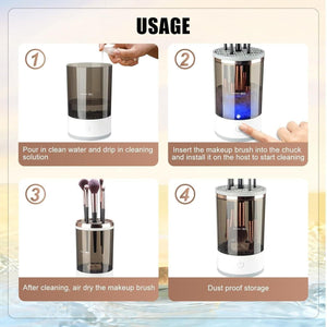 Step-by-step usage of USB rechargeable brush cleaning device for cleaning and drying makeup brushes