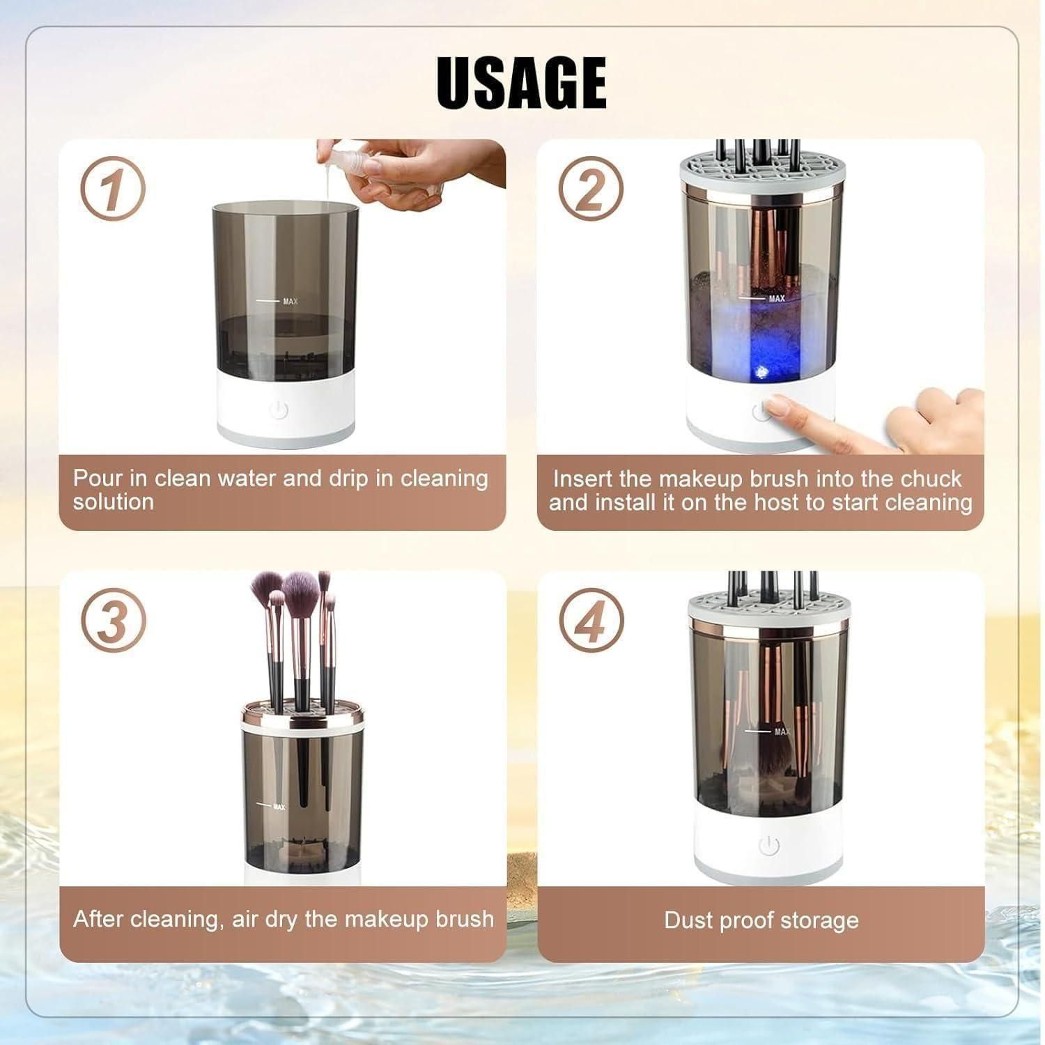 Step-by-step usage of USB rechargeable brush cleaning device for cleaning and drying makeup brushes
