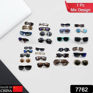 Assorted UV protection sunglasses for men and women in various designs and colors on a display