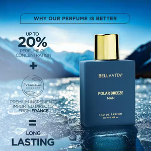Bella Vita Polar Breeze Man: Blue bottle with gold cap on ice. 20% oil concentration and French ingredients.