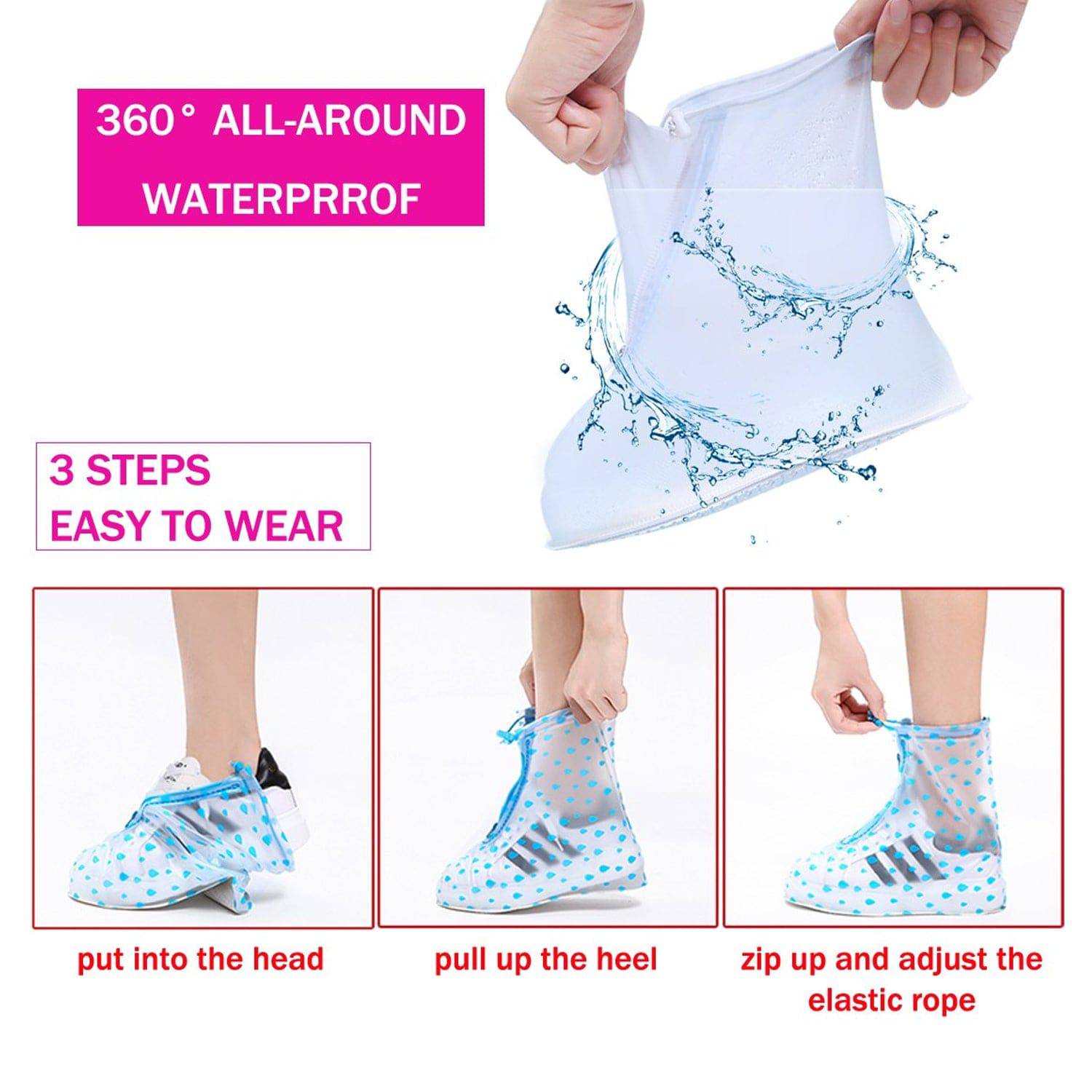 4541 Plastic Shoes Cover Reusable Anti-slip Boots Zippered Overshoes Covers Pink Transparent Waterproof Snow Rain Boots For Kidsadult Shoes For Rainy Season (L Size1 Pairs) - Superior eMart