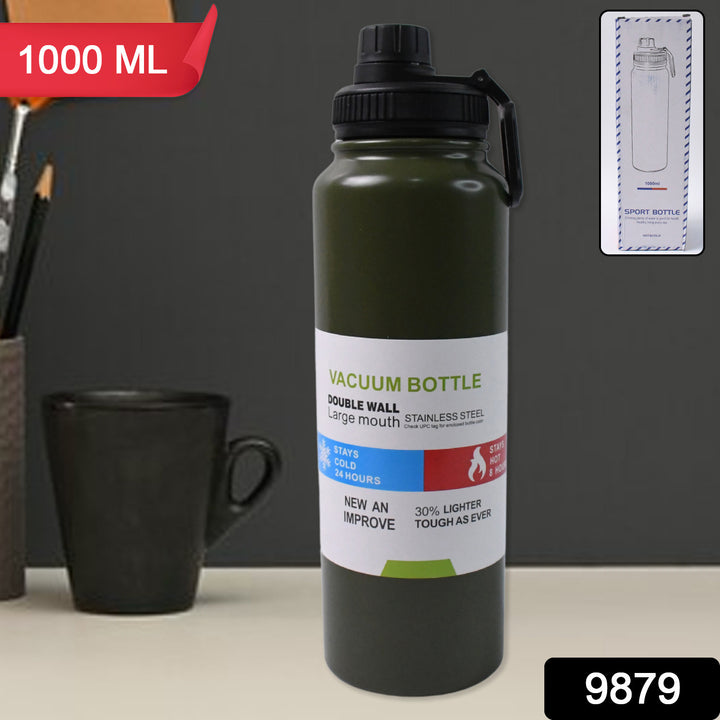 Superior eMart double wall insulated bottle 1000ml in olive green with large mouth and vacuum seal